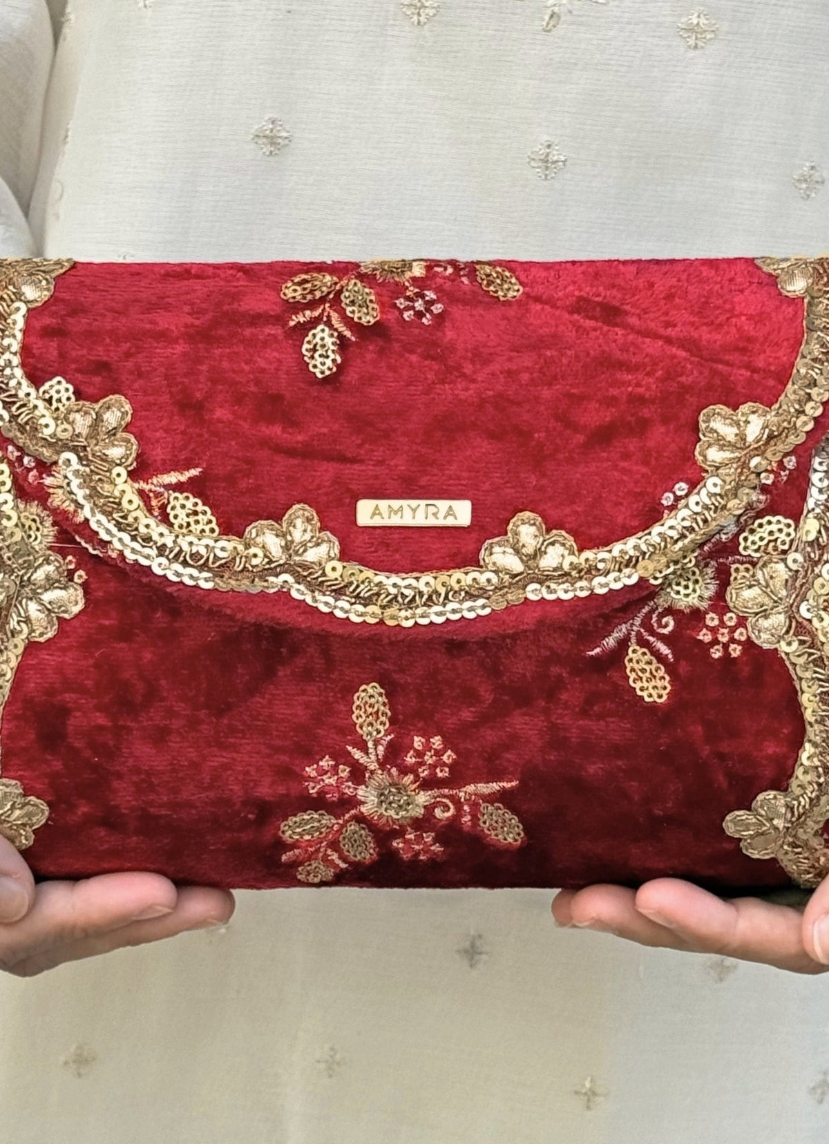 Amyra Red Embroidered Velvet ClutchShop Jashn