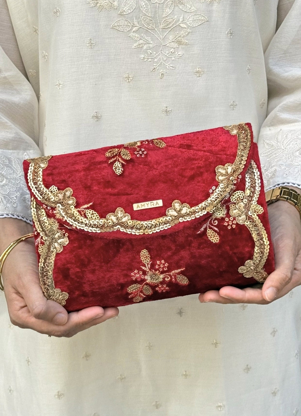 Amyra Red Embroidered Velvet ClutchShop Jashn