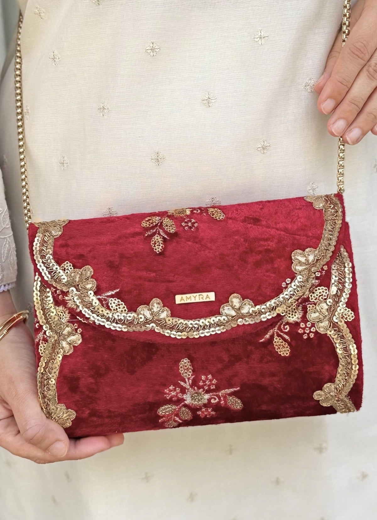 Amyra Red Embroidered Velvet ClutchShop Jashn