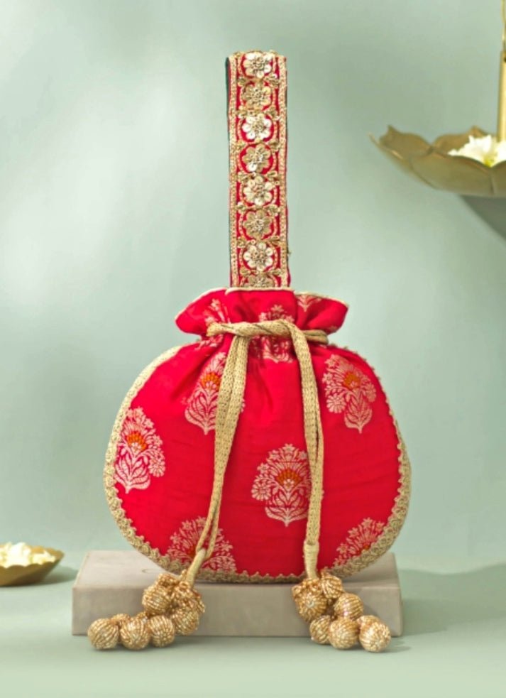 Red Raw Silk Embroidered Potli