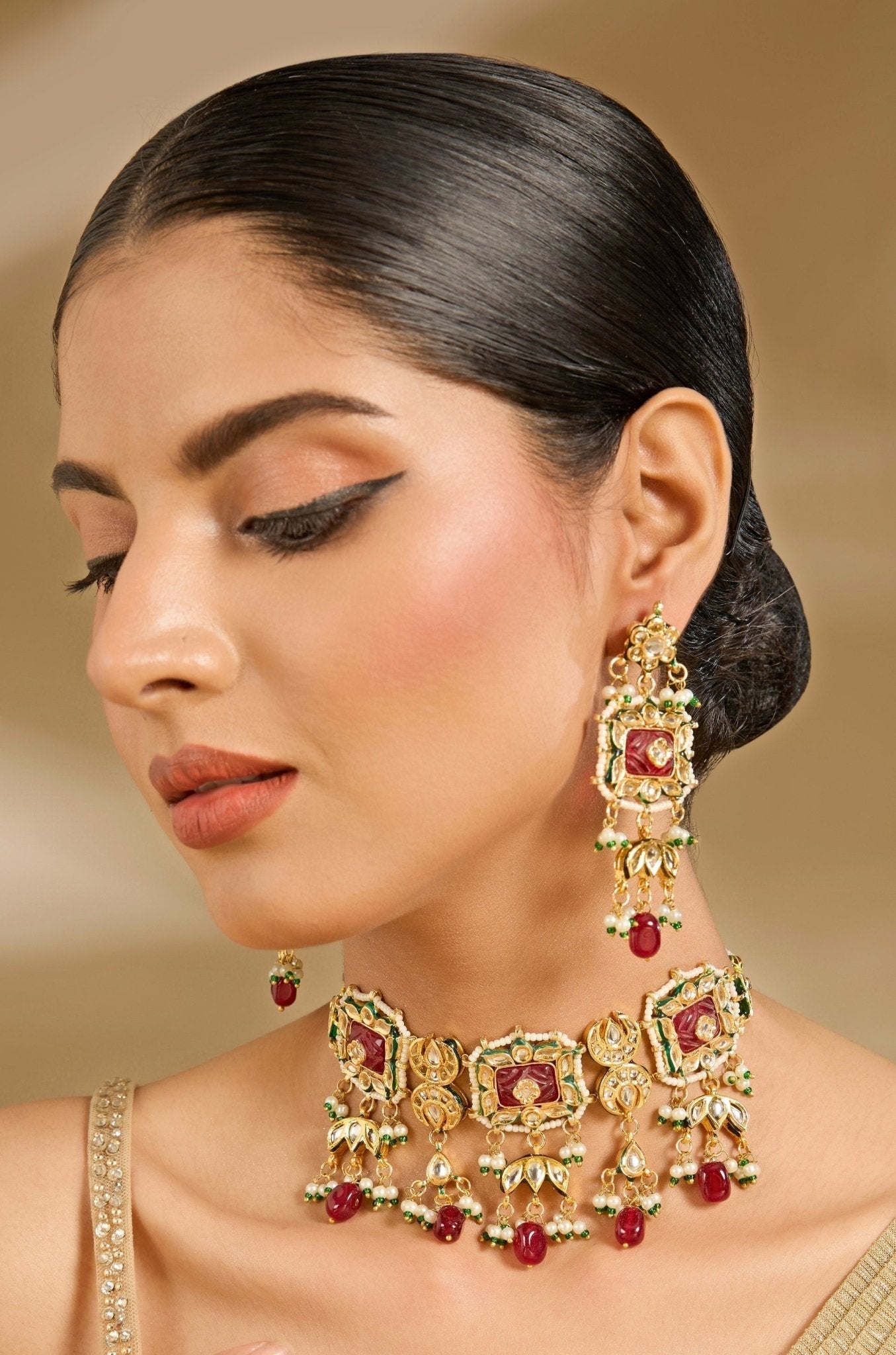 Vivinia by Vidhi Mehra Red Stone And Pearls Gold Tone Choker Necklace SetFabilicious Fashion