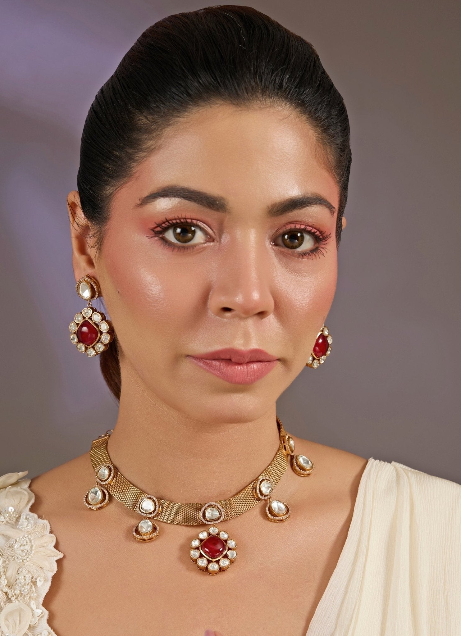 Vivinia by Vidhi Mehra Ruby Red And Kundan Pearl Necklace SetFabilicious Fashion