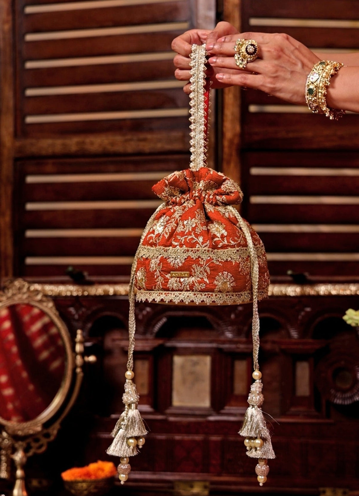 Rust Orange Embroidered Base Potli