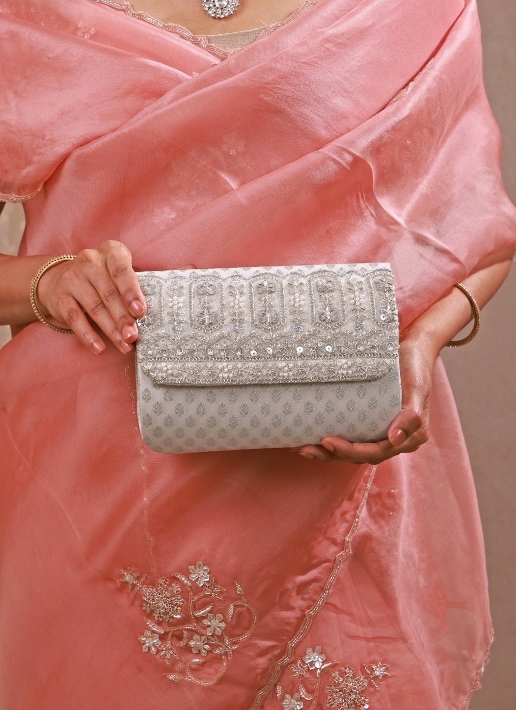 Amyra Silver Brocade Silk Flapover BagShop Jashn