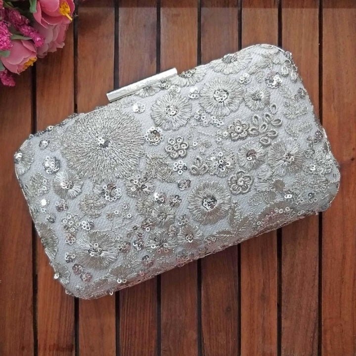 Silver Embroidered Clutch