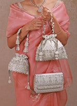 Amyra Silver Pearl Brocade Silk Mini PotliShop Jashn