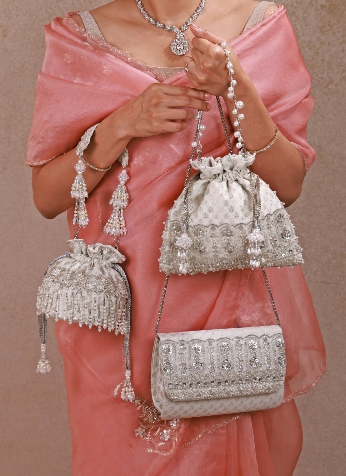 Amyra Silver Pearl Brocade Silk Mini PotliShop Jashn