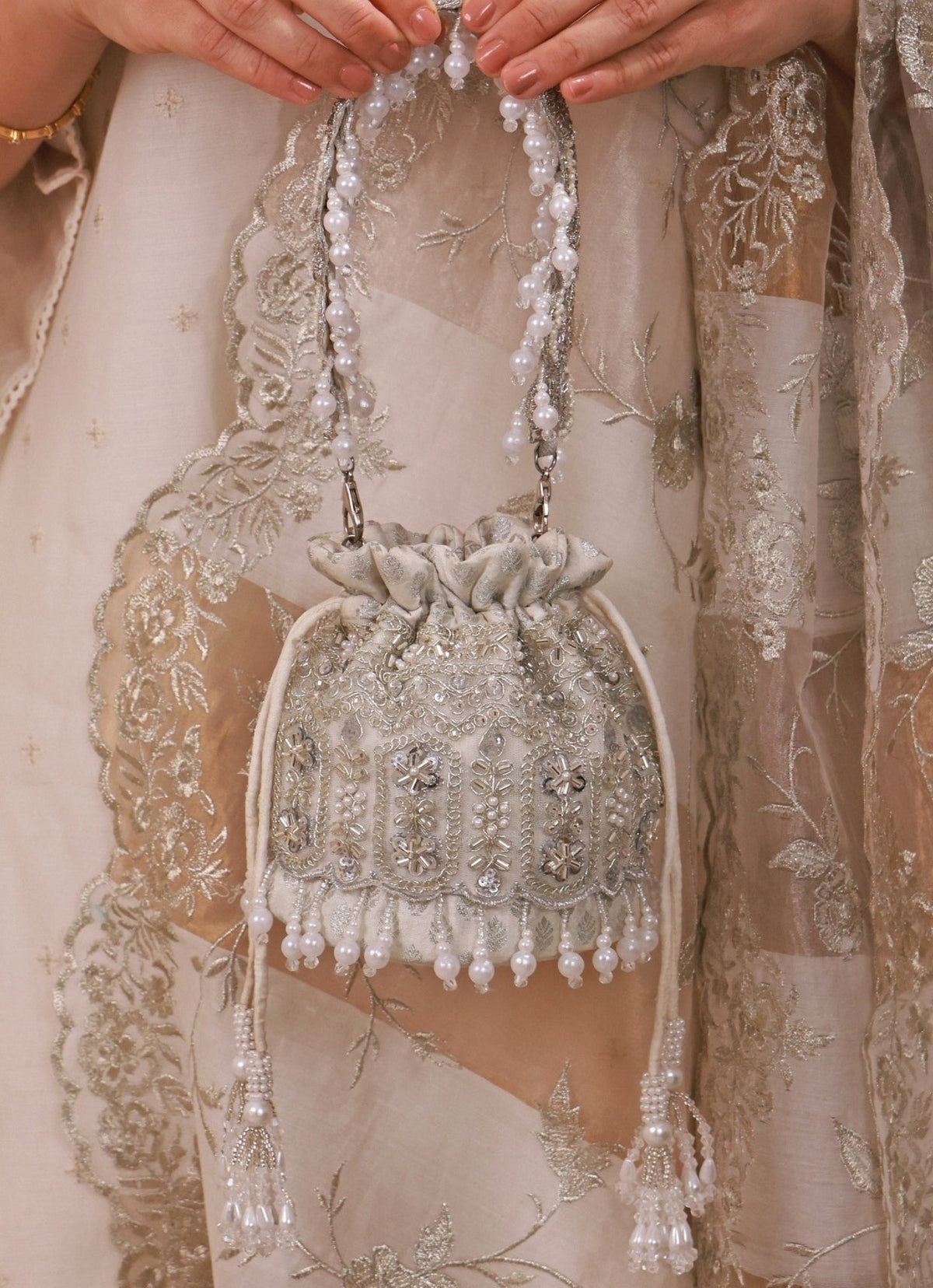 Amyra Silver Pearl Brocade Silk Mini PotliShop Jashn