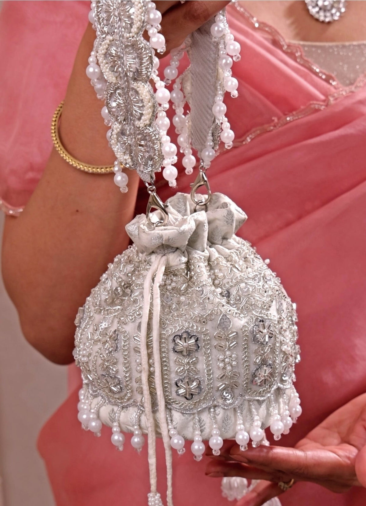 Amyra Silver Pearl Brocade Silk Mini PotliShop Jashn
