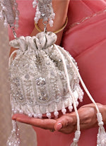 Amyra Silver Pearl Brocade Silk Mini PotliShop Jashn