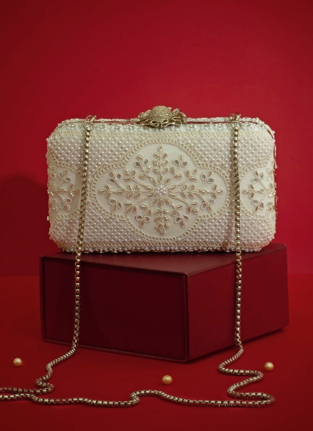 Silver Pearl Embroidered Clutch