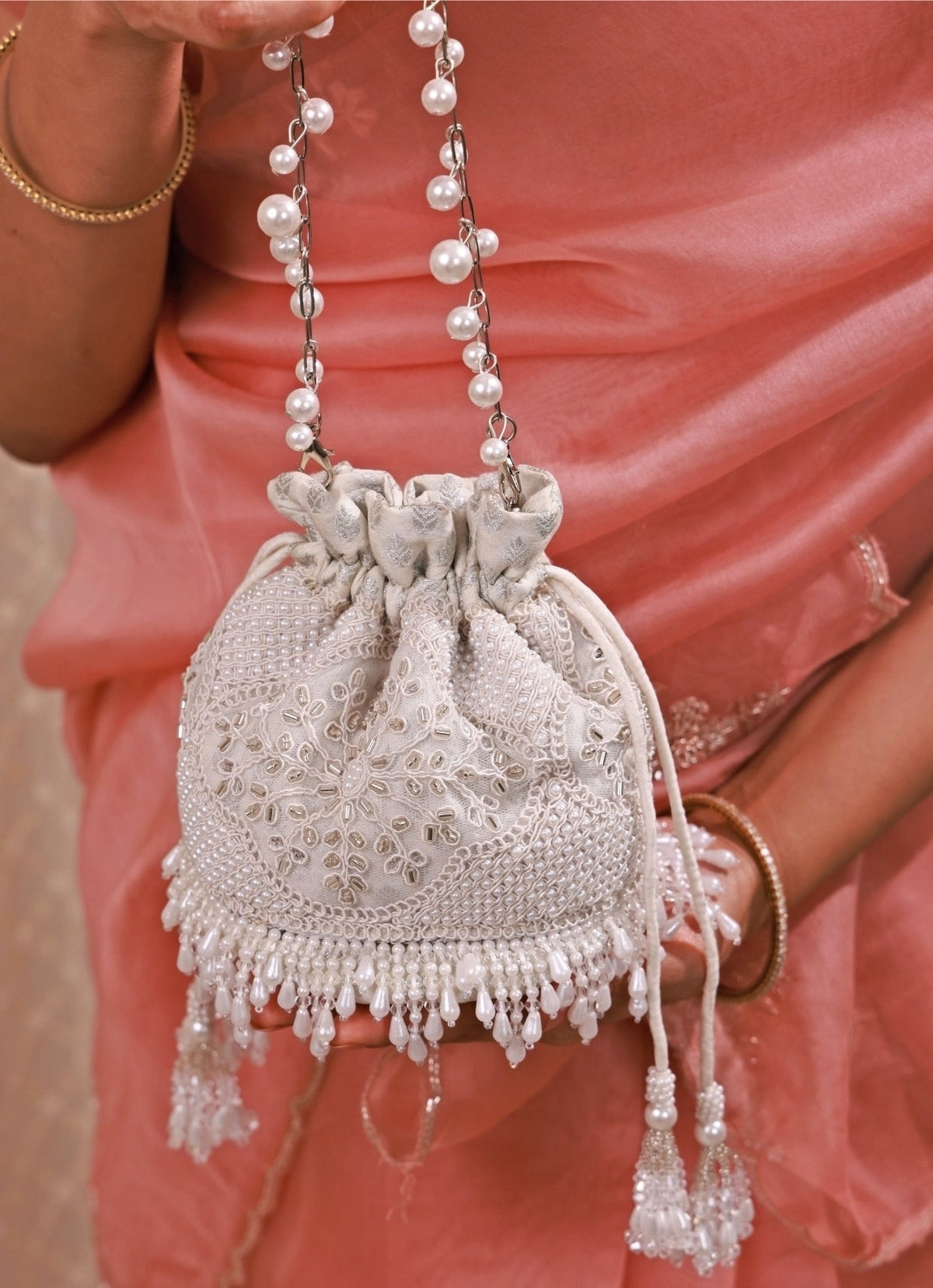 Amyra Silver Pearl Embroidered Silk Mini PotliShop Jashn