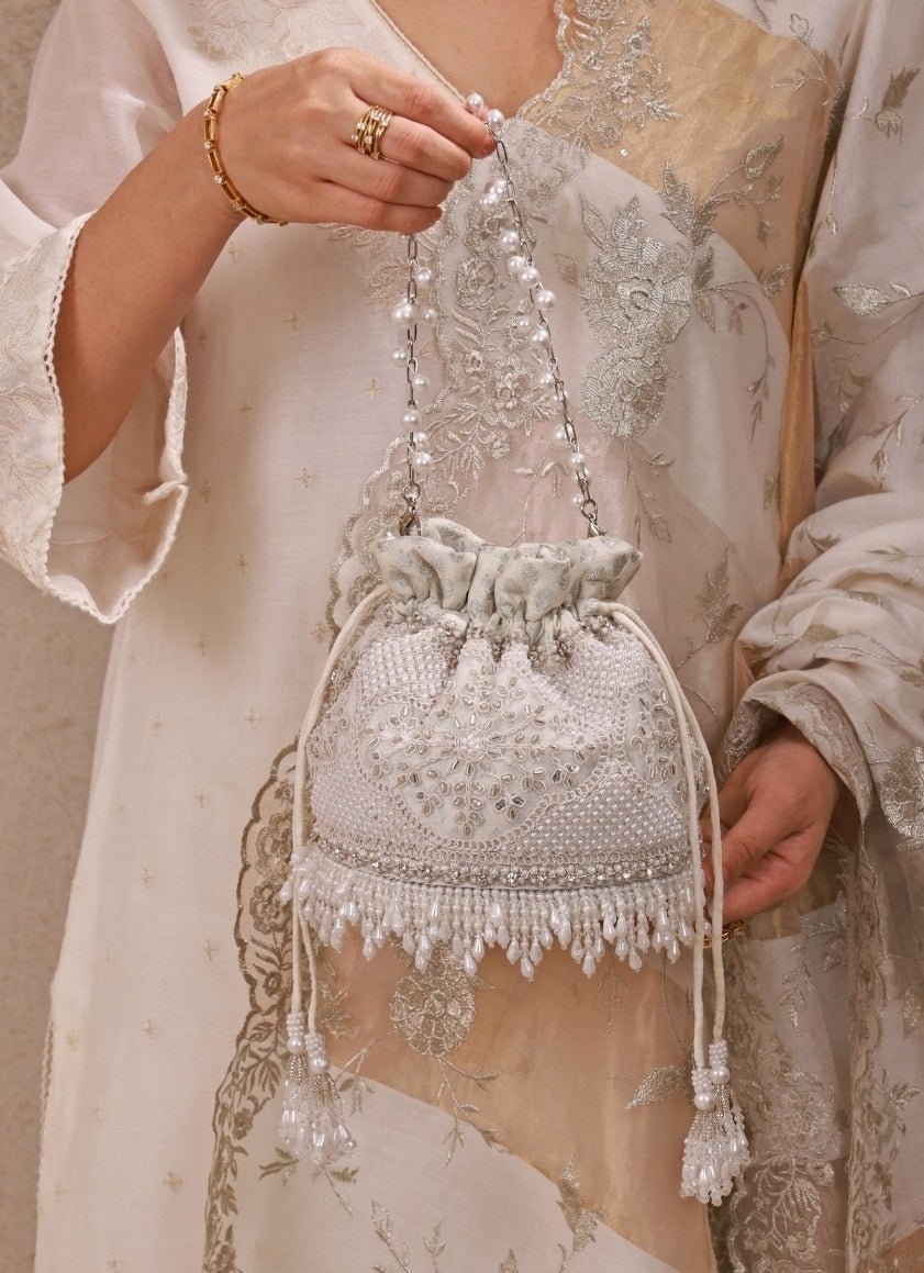 Amyra Silver Pearl Embroidered Silk PotliShop Jashn