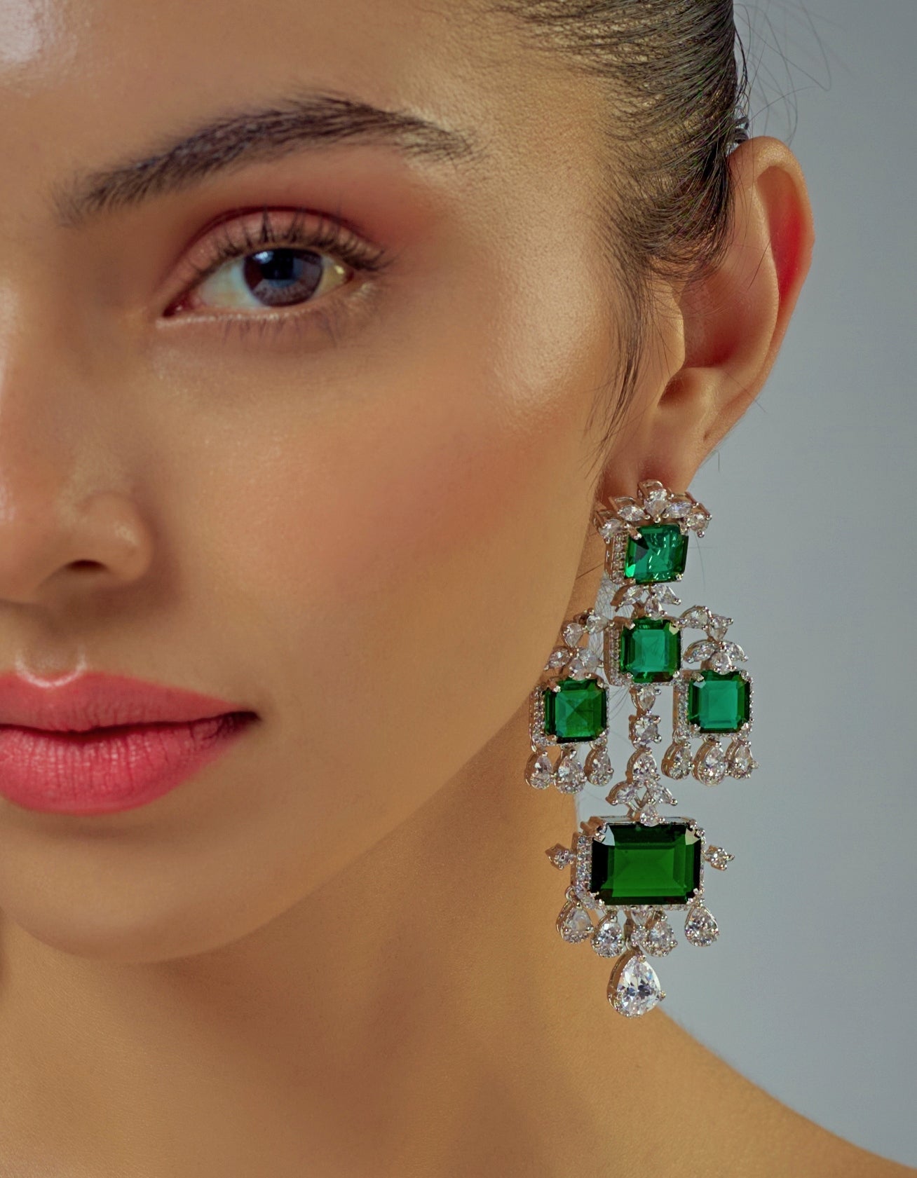 Vivinia by Vidhi Mehra Silver Plated Emerald Green And Zircon Dangler EarringsFabilicious Fashion