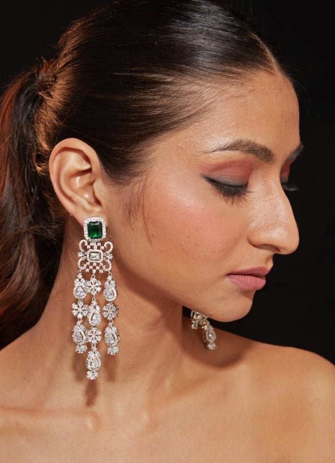 Vivinia by Vidhi Mehra Silver Plated Emerald Stone Zircon EarringsFabilicious Fashion