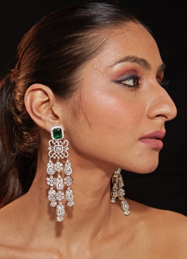 Vivinia by Vidhi Mehra Silver Plated Emerald Stone Zircon EarringsFabilicious Fashion