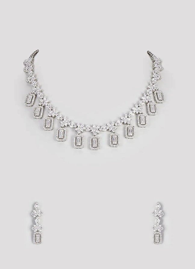 Vivinia by Vidhi Mehra Silver Plated Floral Zircon Necklace SetFabilicious Fashion