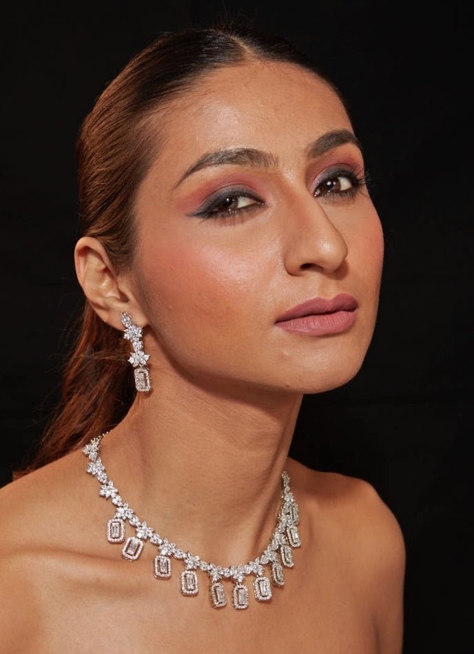 Vivinia by Vidhi Mehra Silver Plated Floral Zircon Necklace SetFabilicious Fashion
