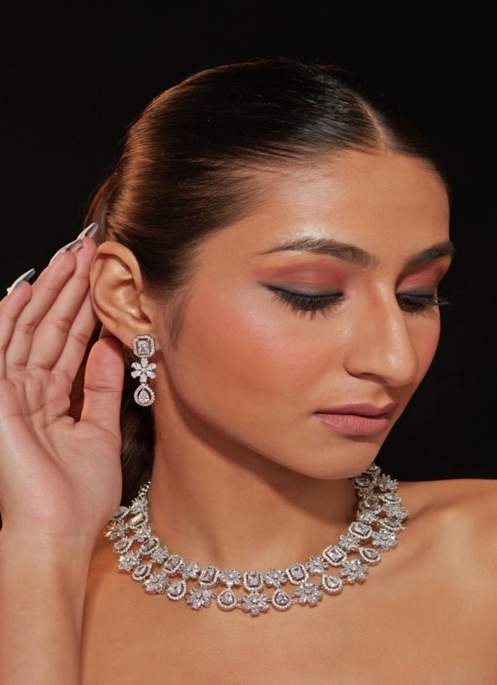 Vivinia by Vidhi Mehra Silver Plated Floral Zircon Necklace SetFabilicious Fashion