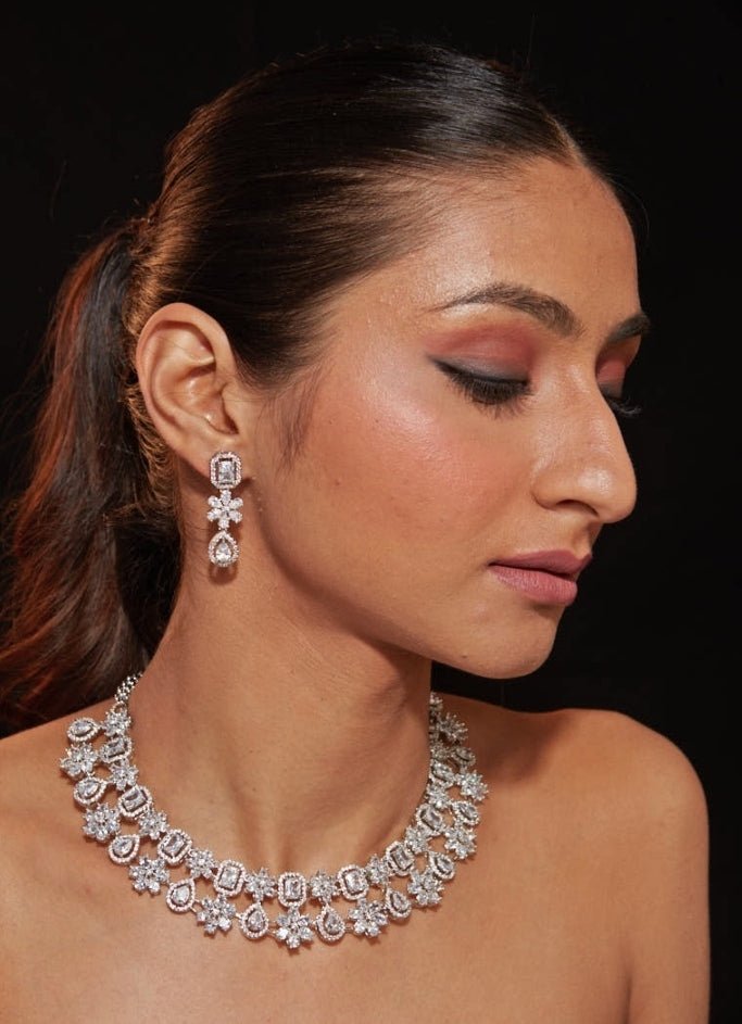 Vivinia by Vidhi Mehra Silver Plated Floral Zircon Necklace SetFabilicious Fashion