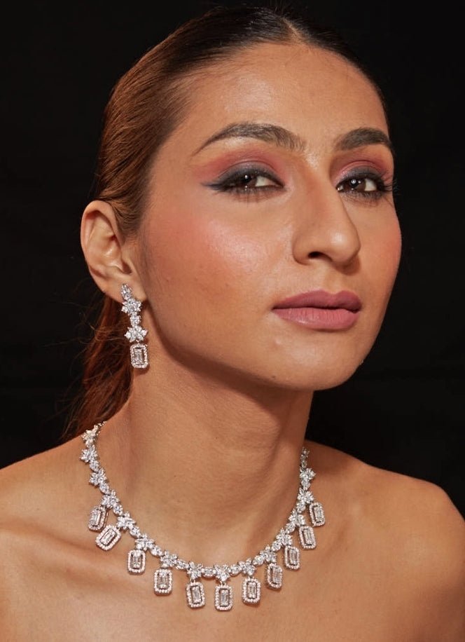 Vivinia by Vidhi Mehra Silver Plated Floral Zircon Necklace SetFabilicious Fashion