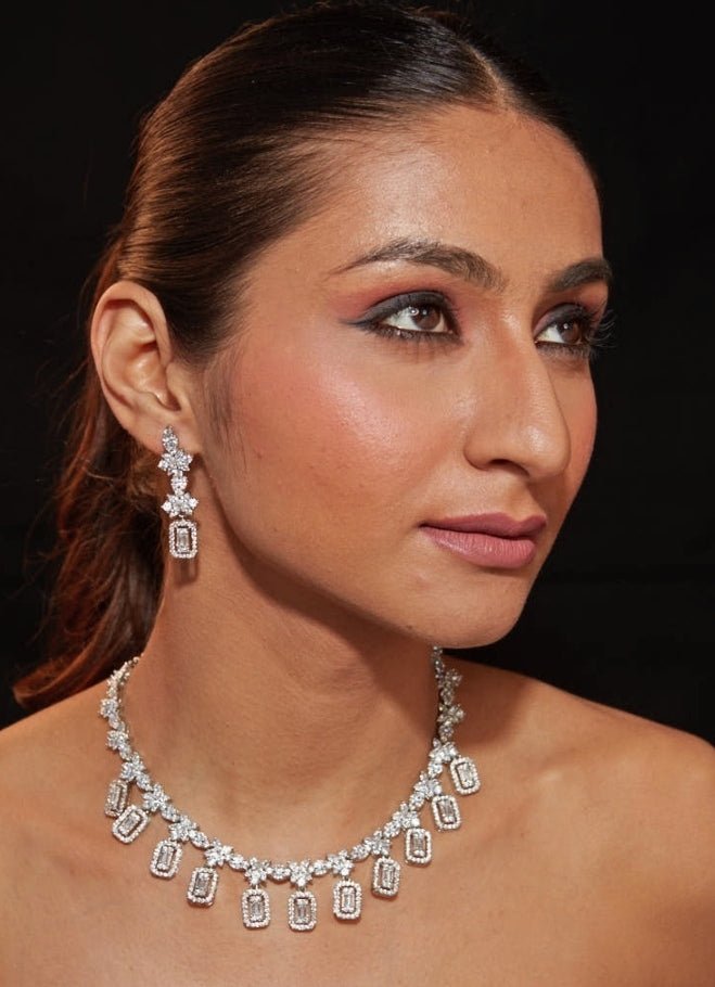 Vivinia by Vidhi Mehra Silver Plated Floral Zircon Necklace SetFabilicious Fashion