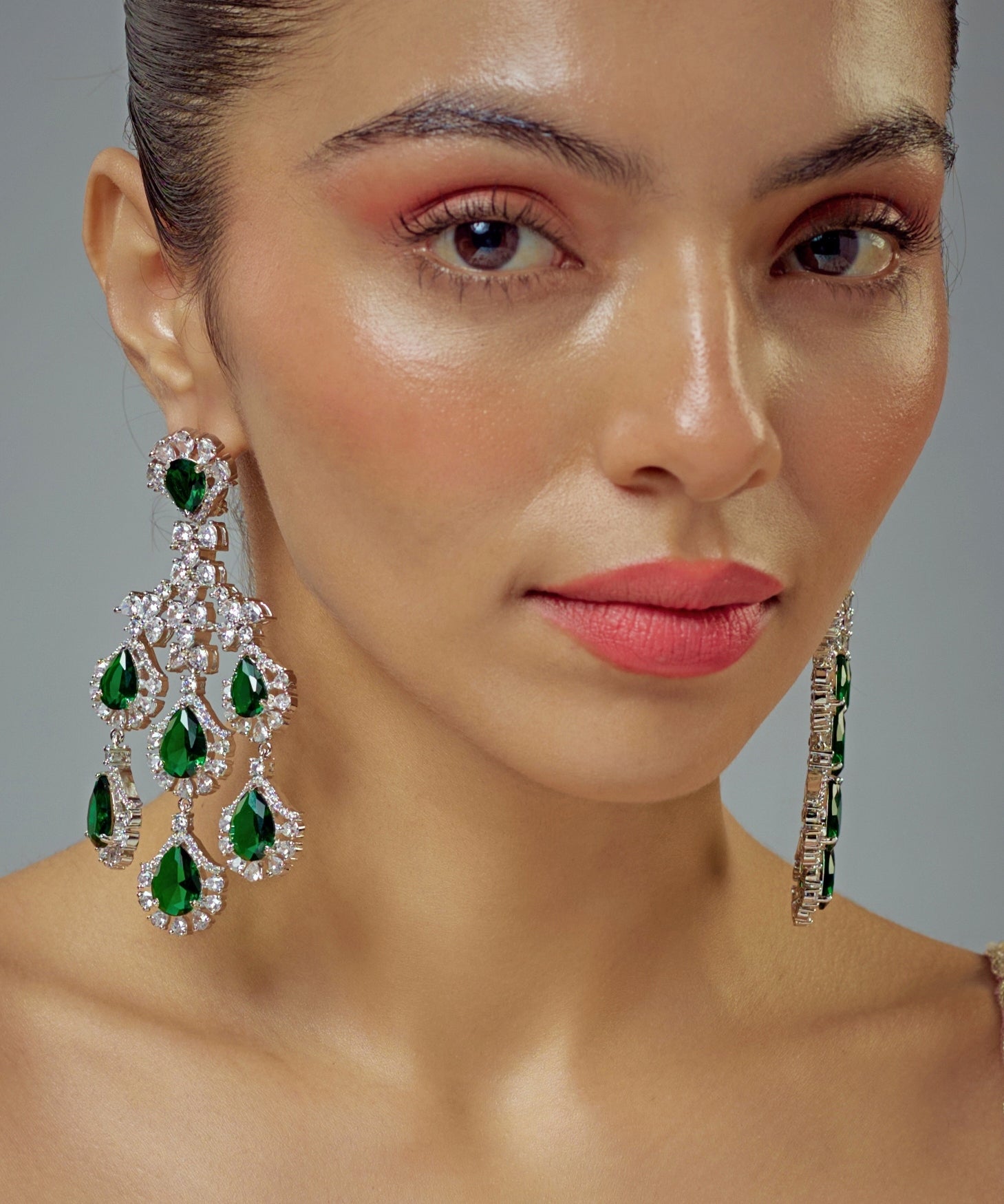 Vivinia by Vidhi Mehra Silver Plated Green And Crystal Dangler EarringsFabilicious Fashion