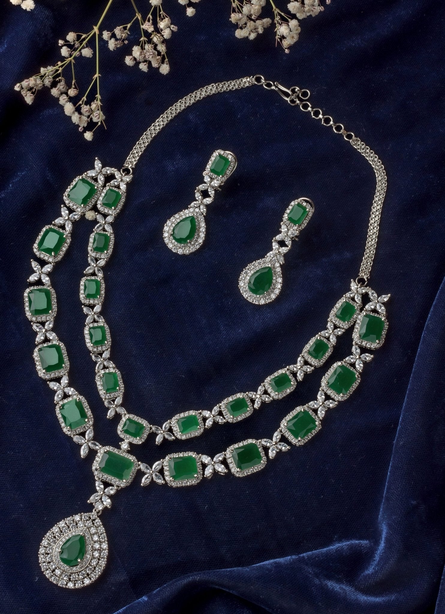Vivinia by Vidhi Mehra Silver Plated Green Short Necklace SetFabilicious Fashion