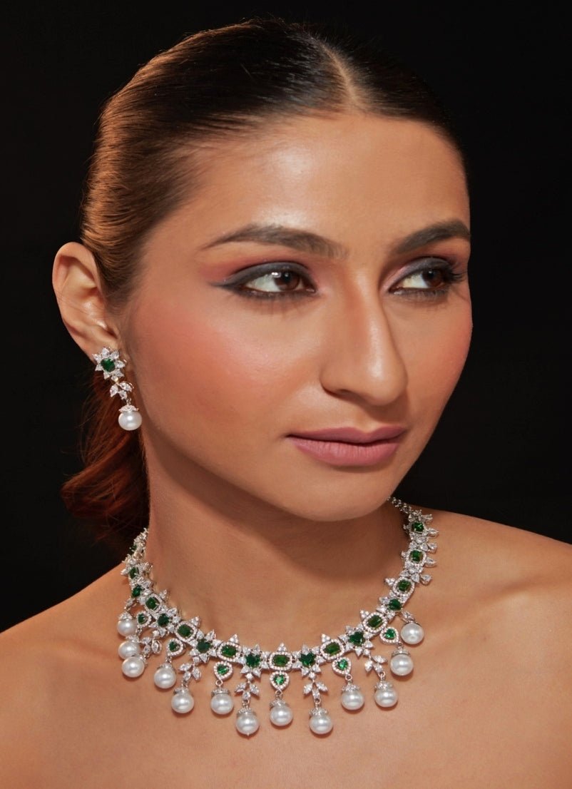 Vivinia by Vidhi Mehra Silver Plated Green Stone Zircon Necklace SetFabilicious Fashion