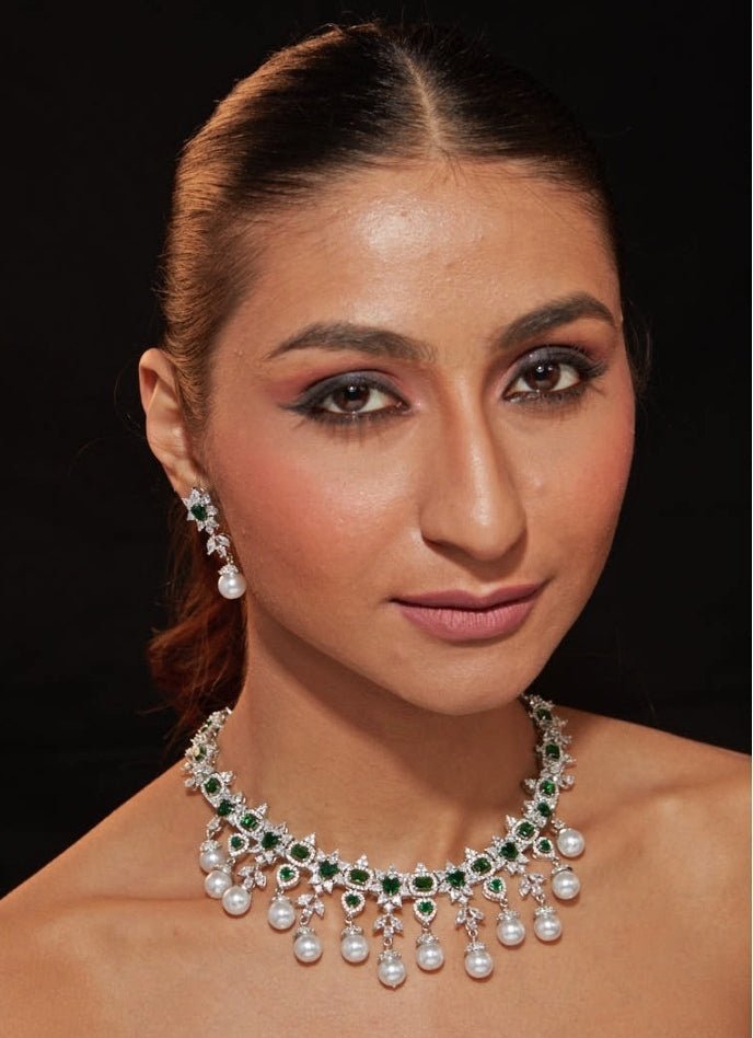 Vivinia by Vidhi Mehra Silver Plated Green Stone Zircon Necklace SetFabilicious Fashion