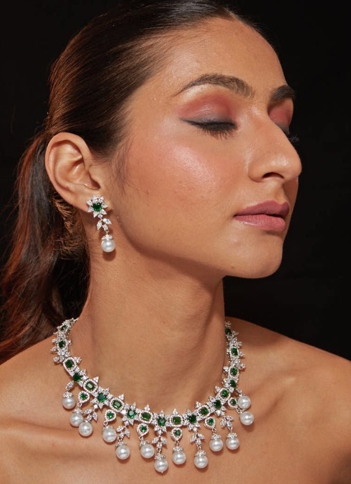 Vivinia by Vidhi Mehra Silver Plated Green Stone Zircon Necklace SetFabilicious Fashion