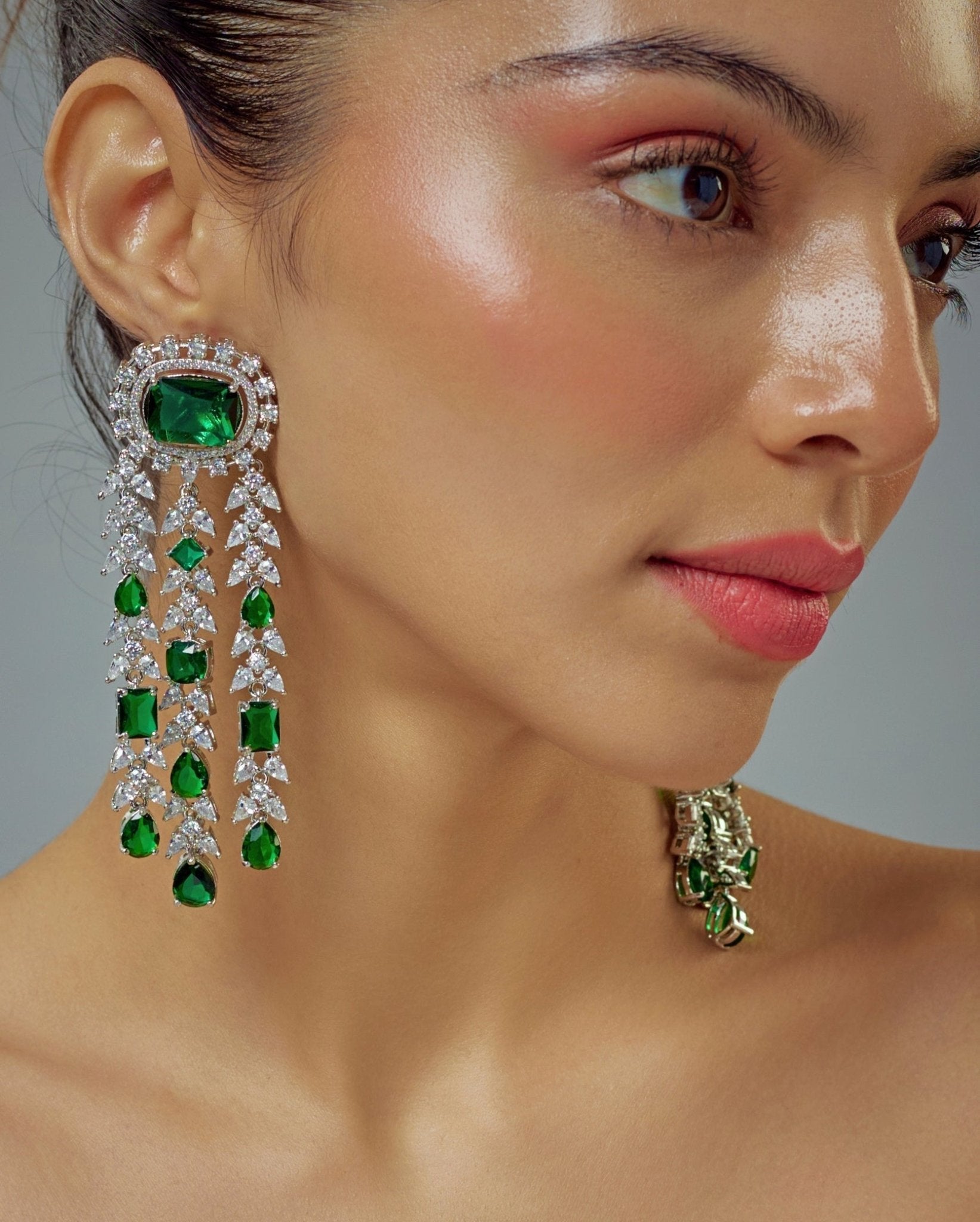 Vivinia by Vidhi Mehra Silver Plated Green Zircon Dangler Drop EarringsFabilicious Fashion