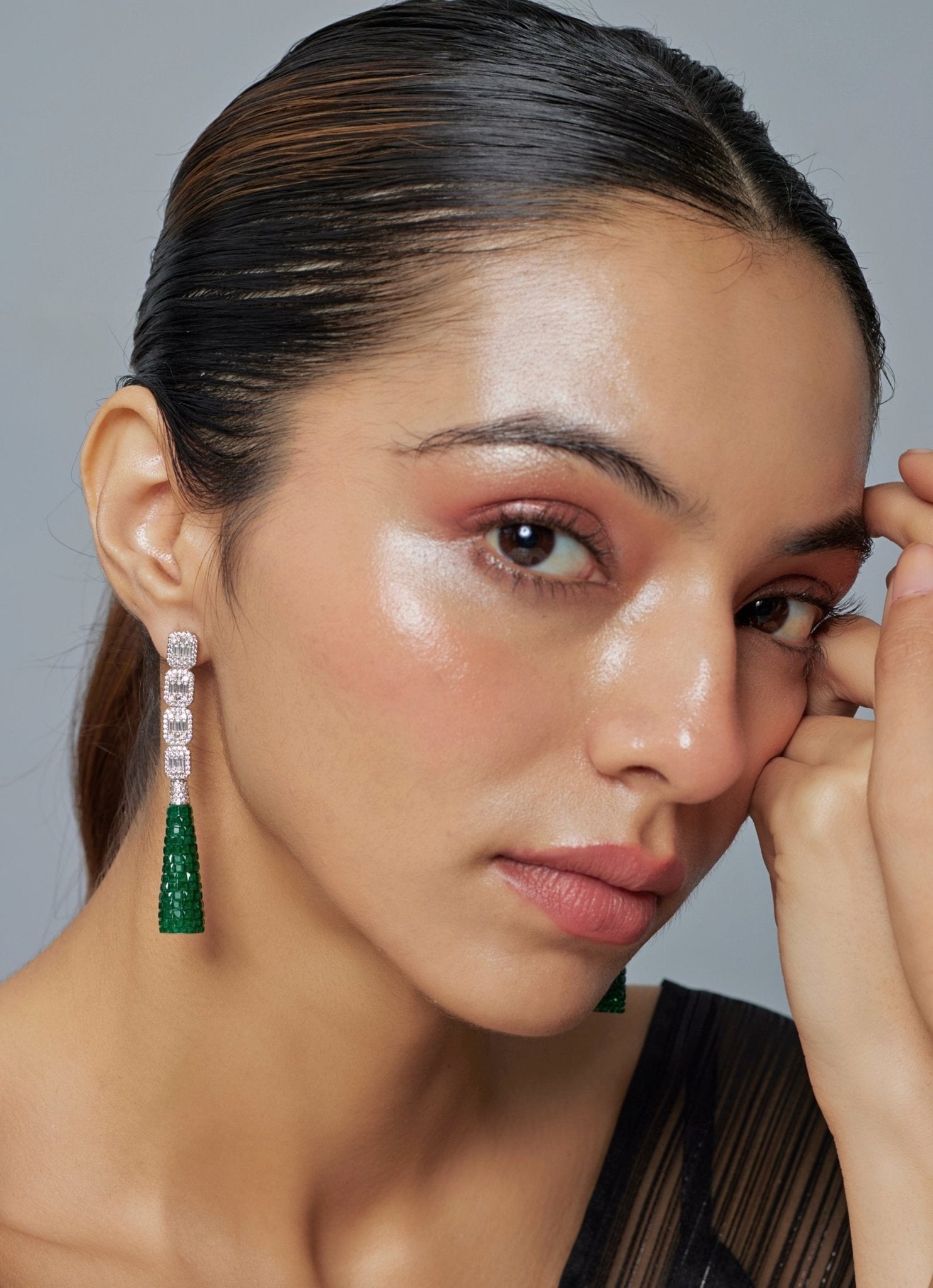 Vivinia by Vidhi Mehra Silver Plated Green Zircon Dangler EarringsFabilicious Fashion