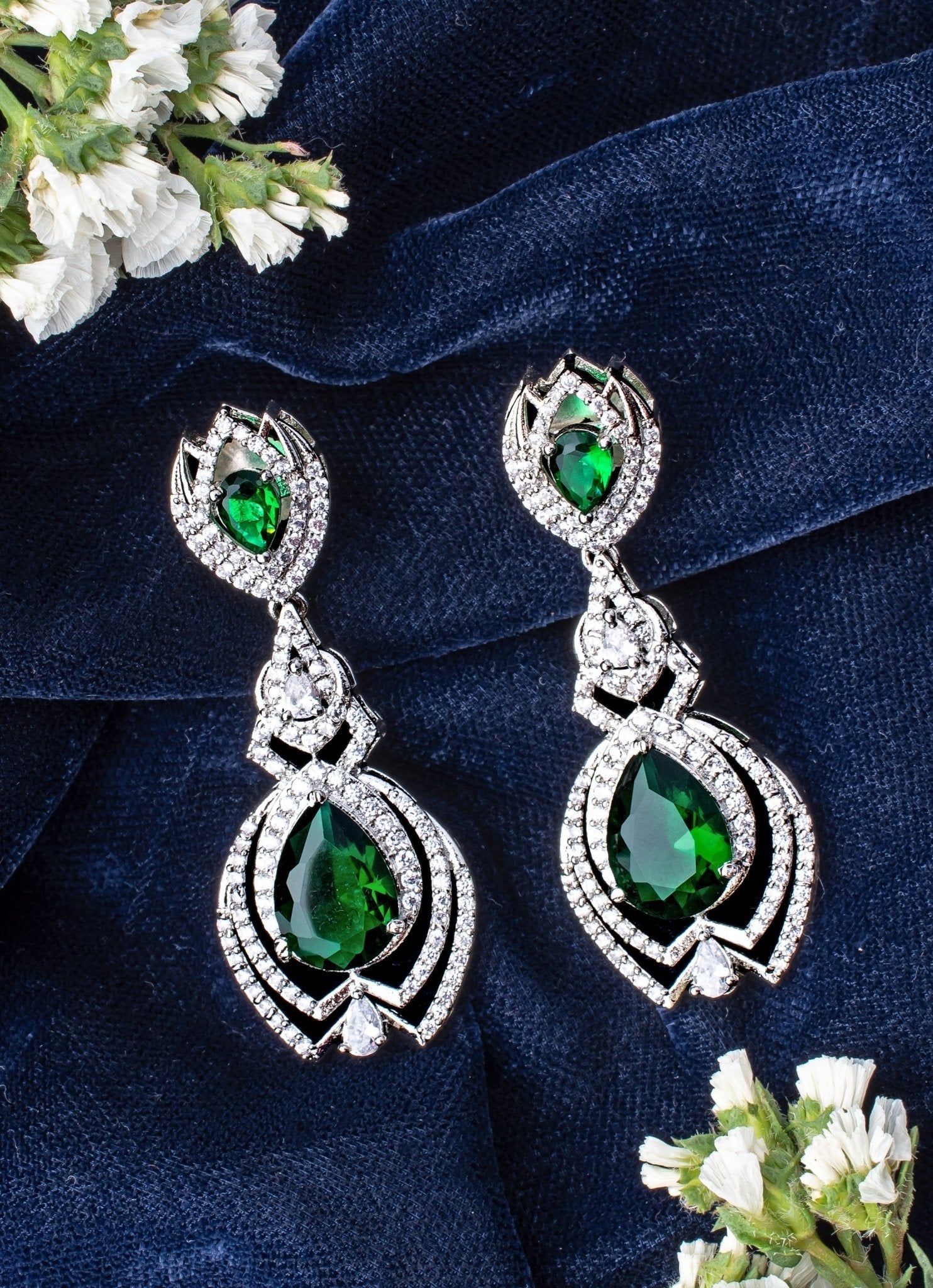 Vivinia by Vidhi Mehra Silver Plated Green Zircon EarringsFabilicious Fashion