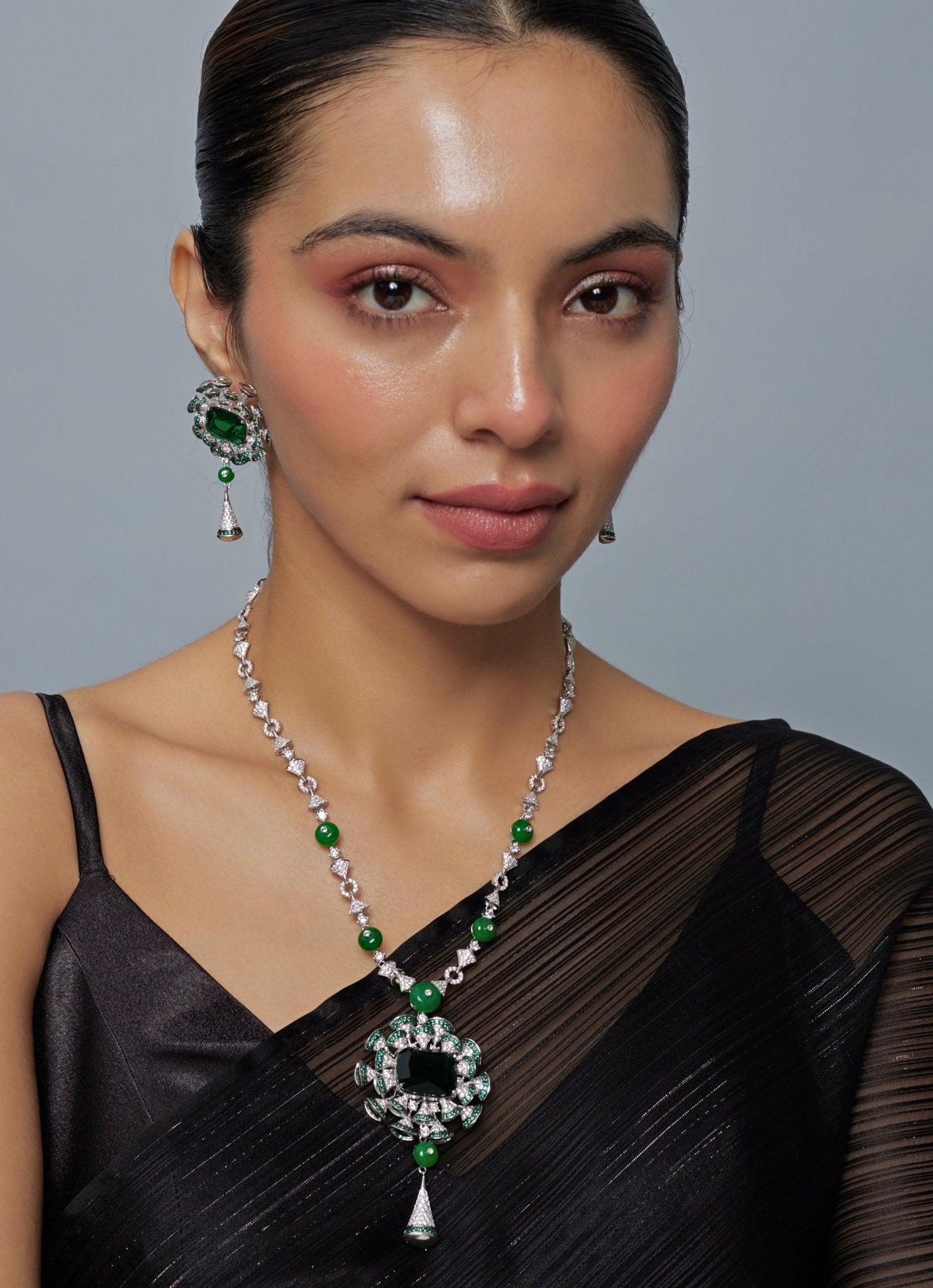 Vivinia by Vidhi Mehra Silver Plated Green Zircon Long Necklace SetFabilicious Fashion