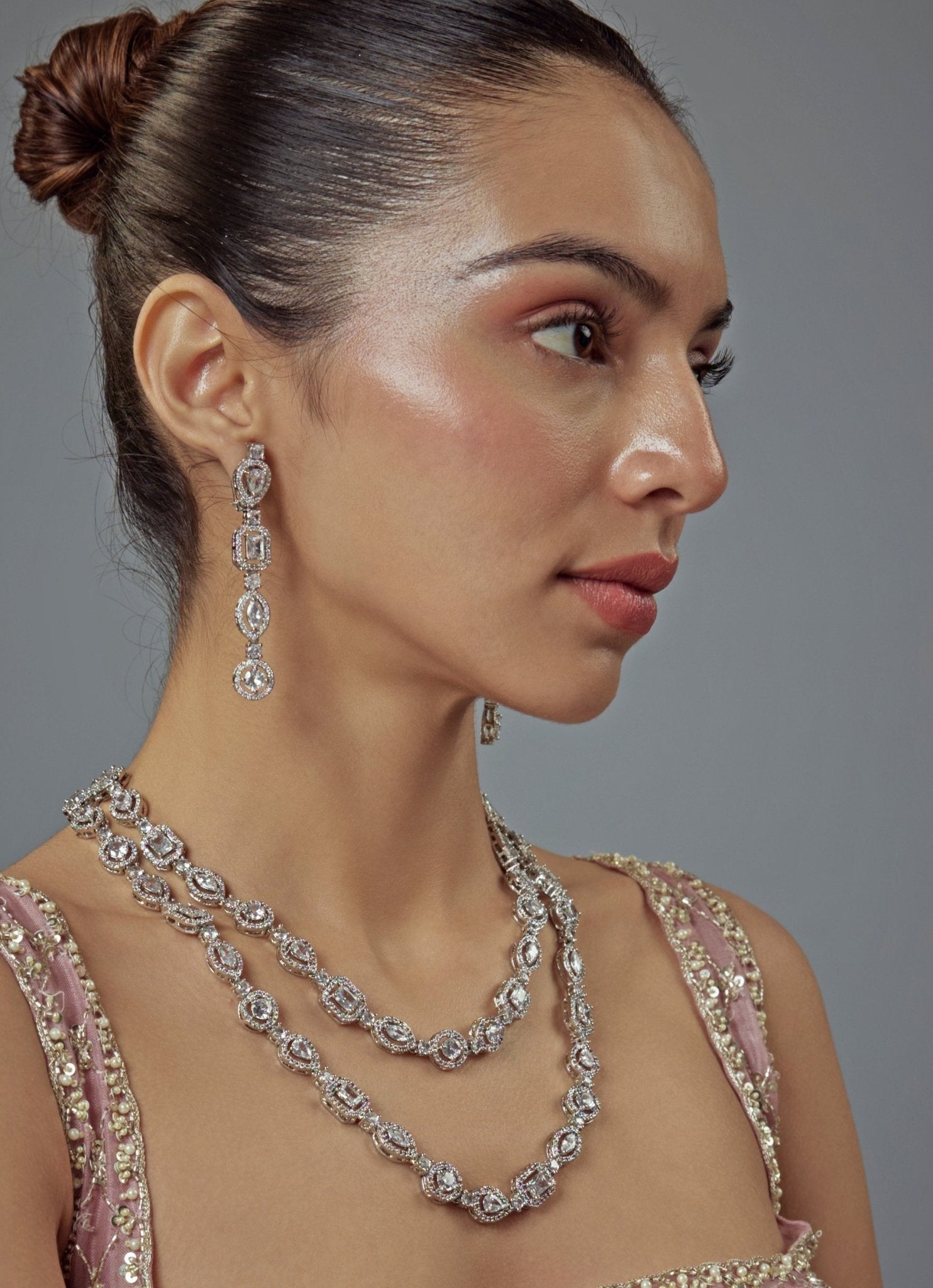 Vivinia by Vidhi Mehra Silver Plated Zircon Double Layered Long Necklace SetFabilicious Fashion
