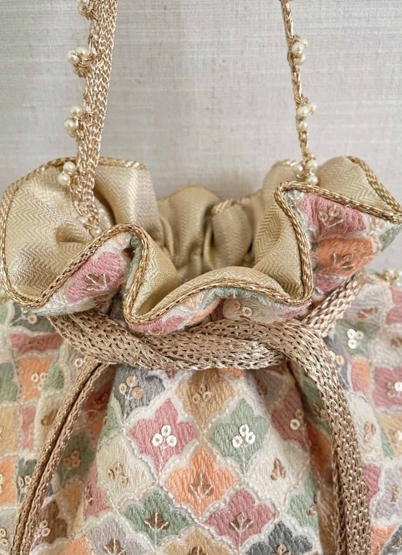 White Embroidered Potli