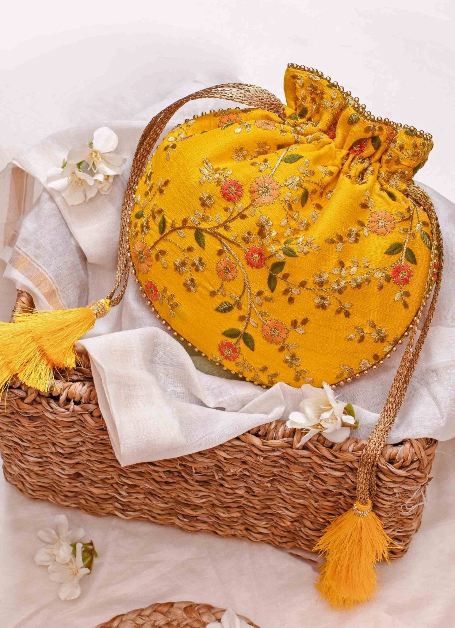 Yellow Embroidered Potli