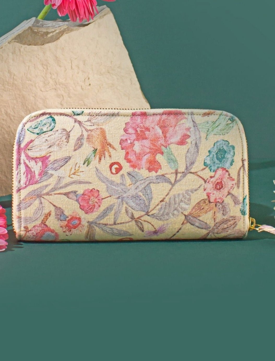 Yellow Embroidered Zip Wallet